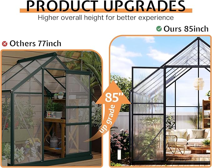Jocisland 8x11.5x7 FT Polycarbonate Greenhouses for Outdoors, 2 Top-Opening Windows, 2 Swing Doors, Aluminum Walk-in Heavy Duty for Outdoor Use, Backyard Garden, Black