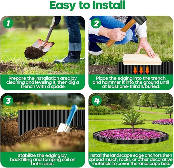 Corrugated Metal Garden Edging, Sturdy Tall Landscape Edging Borders, Perfect DIY for Flower Beds, Lawn and Pathway, Tree Surrounds, Paver Edges (Black, 8"×20FT)