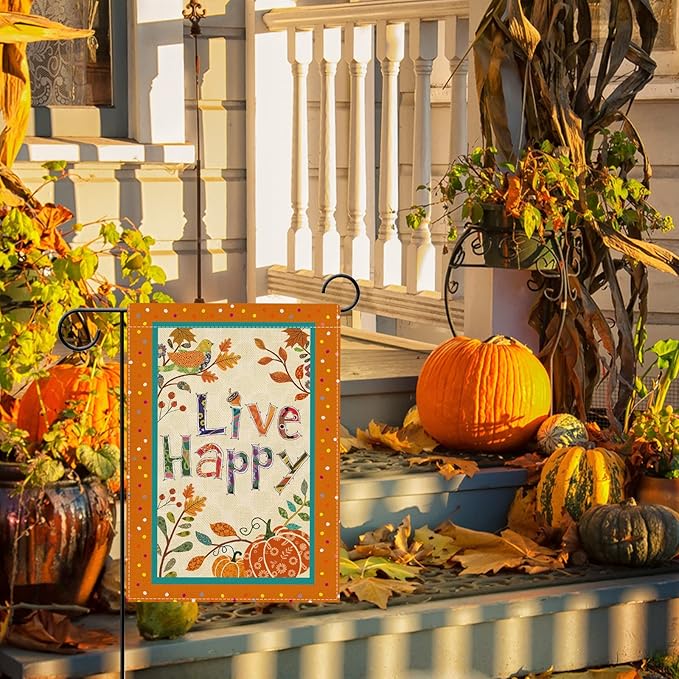 Hzppyz Live Happy Fall Garden Flag Double Sided, Inspirational Quote Autumn Pumpkin Bird Leaves Decorative Yard Outdoor Home Small Decor, Positive Farmhouse Outside House Decoration 12 x 18