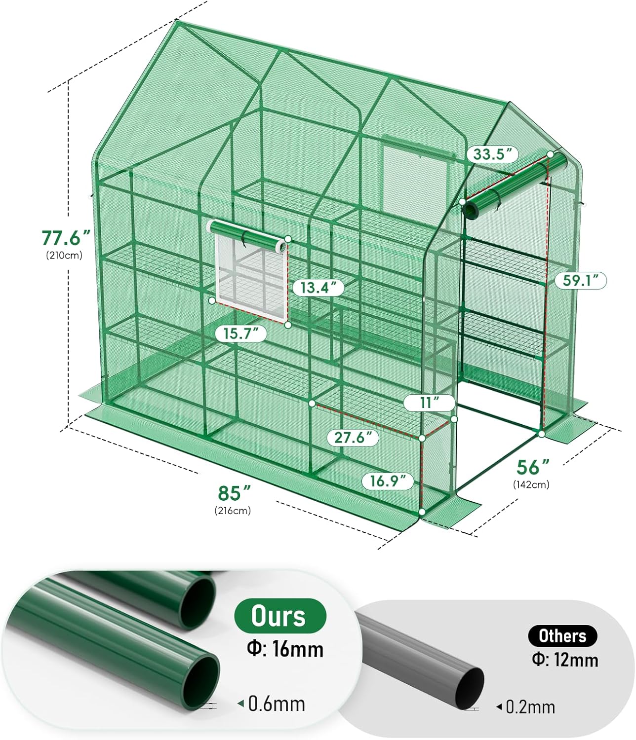 SPECILITE 56×85×77Inch Walk-in Greenhouse, Heavy Duty Small Plant House with Thicken PE Cover and Steel Frame, for Garden, Outdoors, Indoors, Green