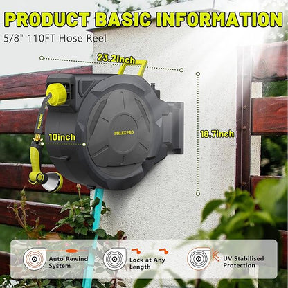 Retractable Garden Hose Reel,5/8 in x 110 ft Wall Mounted Garden Hose Reel,UV Resistant with 10 Pattern Nozzle,Any Length Lock, Slow Return System,180°Swivel Bracket(Green)