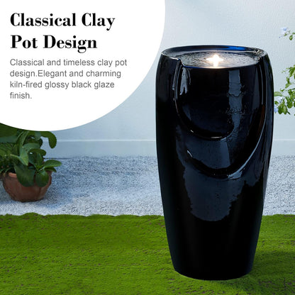 Glitzhome 29.25" H Oversized Ceramic Vase Outdoor Water Fountain Tall Patio Garden Water Fountain with LED Light and Submersible Pump Yard Art Decor, Black, 29.25”H