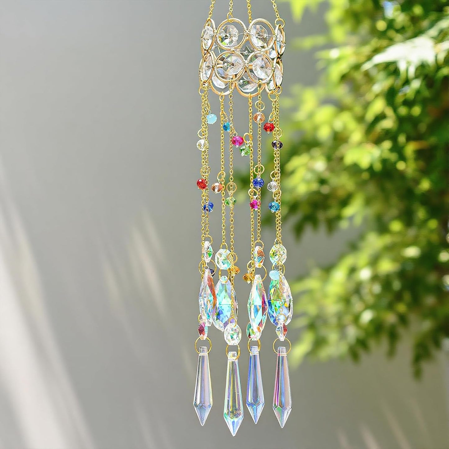 HDCRYSTALGIFTS Crystal Suncatchers, Hanging Crystals Sun Catcher with Colorful Beads Chain Rainbow Maker for Window Indoor Outdoor Home Office Garden Decoration