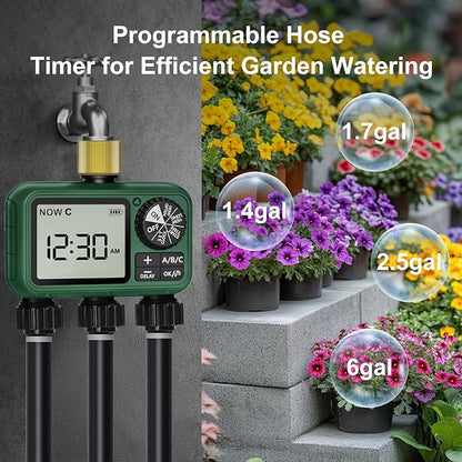 3 Outlet Sprinkler Timer Brass, Programmable Garden Hose Timer with Rain Delay, Manual& Automatic Watering System, Waterproof Gardening Supplies Irrigation Controller for 3 Separate Water Zones