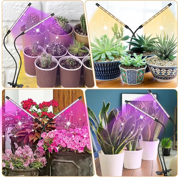 LED Grow Lights (2 Packs), 2 Heads Red Blue White Full Spectrum Plant Light with Clamp for Indoor Plants & Seed Starting, 10-Level Dimmable, Auto On Off, Timing 4 6 12Hrs