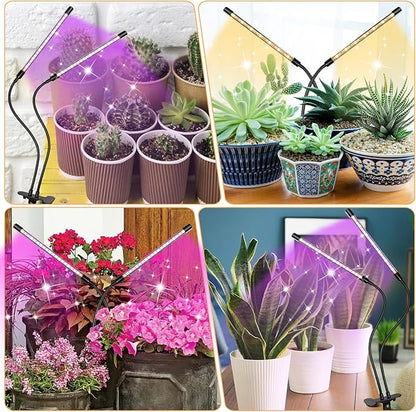 LED Grow Lights (2 Packs), 2 Heads Red Blue White Full Spectrum Plant Light with Clamp for Indoor Plants & Seed Starting, 10-Level Dimmable, Auto On Off, Timing 4 6 12Hrs
