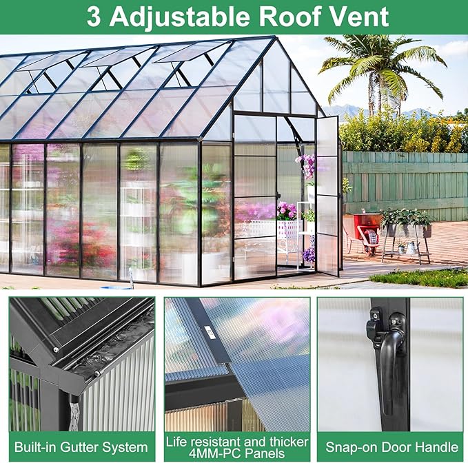CDCASA 16.5x10.2x10 FT Greenhouse for Outdoors,Easy Assembly Large Polycarbonate Greenhouse Aluminum Greenhouses w/3 Vents Window, Swing Door, Outside Walk-in Green House for Patio, Backyard, Garden