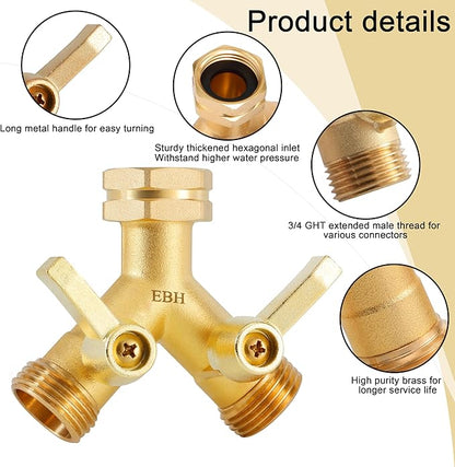 EBH Garden Hose Splitter, 2 Way Heavy Duty Hose Splitter with Shutoff Valves, Outdoor Faucet Y Spigot Adapter, 3/4" GHT Thread And Extra Long Metal Handle.