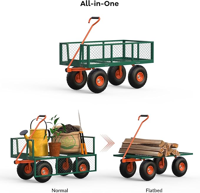 Versatile Garden Cart for Lawn and Yard with Heavy Duty Steel, 900 Lbs Capacity Mesh Steel Garden Cart Folding Utility Wagon with Removable Side Panels, Long Handle, 10" Tires - Green and Orange