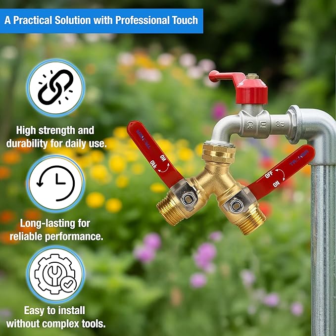 Premium 2 Way Brass Hose Splitter 3/4" Heavy Duty Leakproof Y Valve Garden Faucet Spigot Splitter Easy Long Handles With Extra Fittings and Teflon