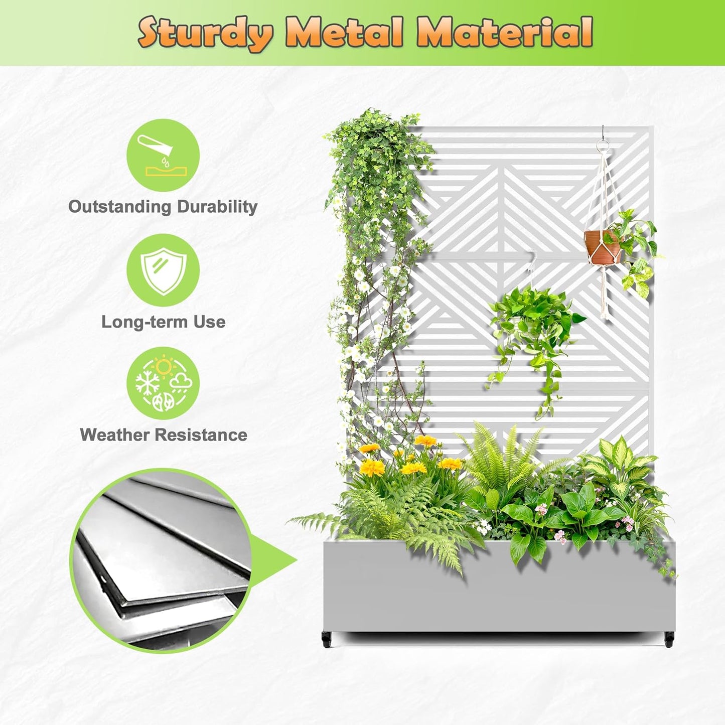 Metal Raised Garden Bed with Trellis, 2-in-1 Planter Box & Privacy Screen for Climbing Plants, Outdoor Standing Flower Bed with Drainage Holes, 47.2" L x 16.7" W x 70.8" H, White-Zodiac