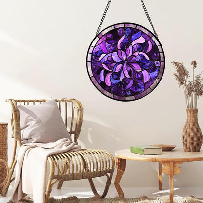 Stained Glass Window Hanging - Purple Abstract Flower Suncatcher for Door Garden Patio Sun Catchers Decor Christmas Mother's Day Birthday Gifts for Women Men Mom Nana Aunt Friend 6.3 in