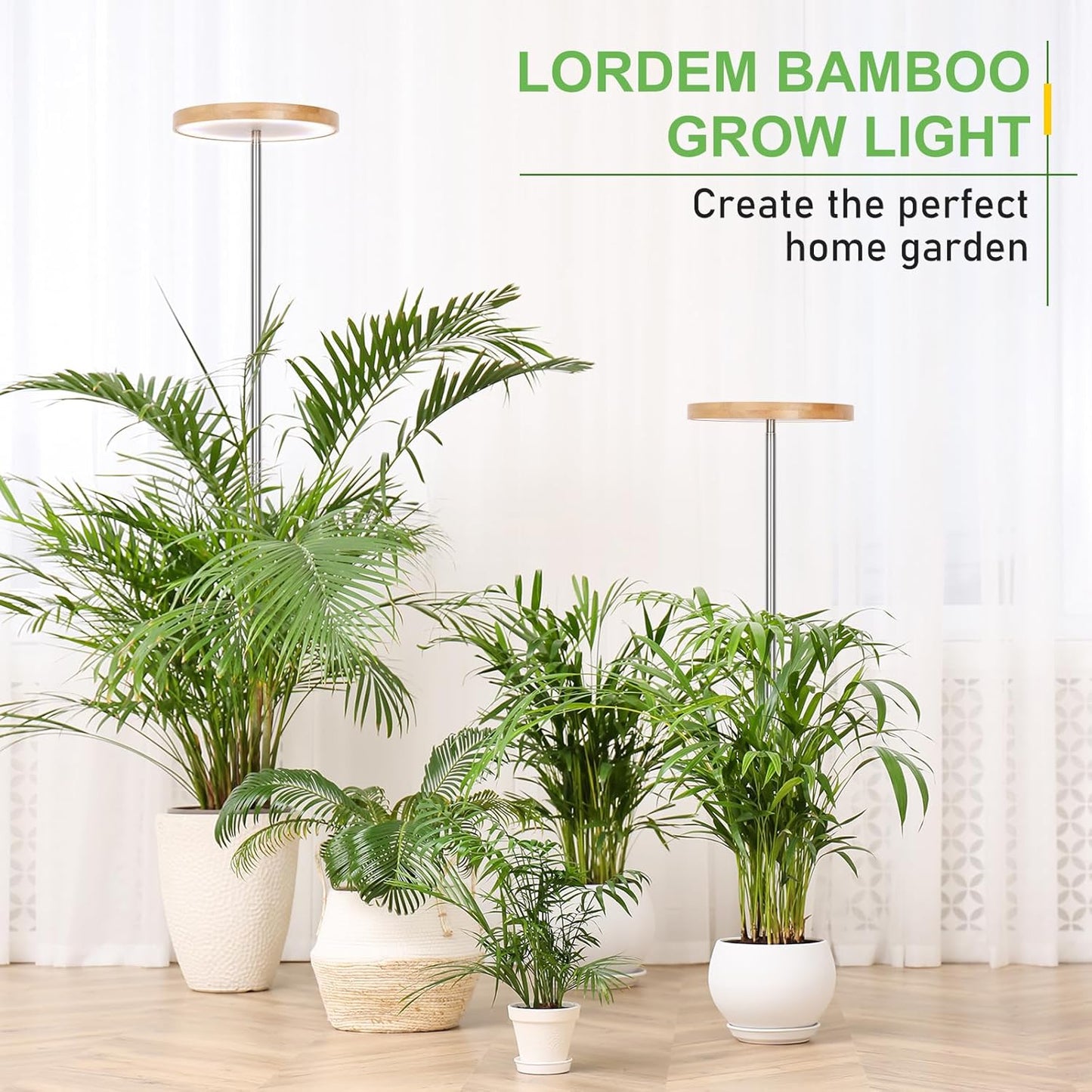 LORDEM Bamboo Grow Light, Full Spectrum LED Plant Grow Light, Height Adjustable Growing Lamp with Auto Timer 4H/8H/12H, 4 Dimmable Levels, Ideal for Large Tall Plants