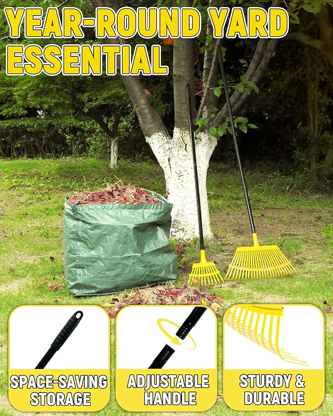 Garden Leaf Rake 2 Pack, 11+25 Tines Metal Leaf Rake with Adjustable Handle, Heavy Duty Lawn Yard Rakes Set for Leaves, Grass, Shrubs, Debris, Pine Needles, Garden Cleanup Tools for Backyard