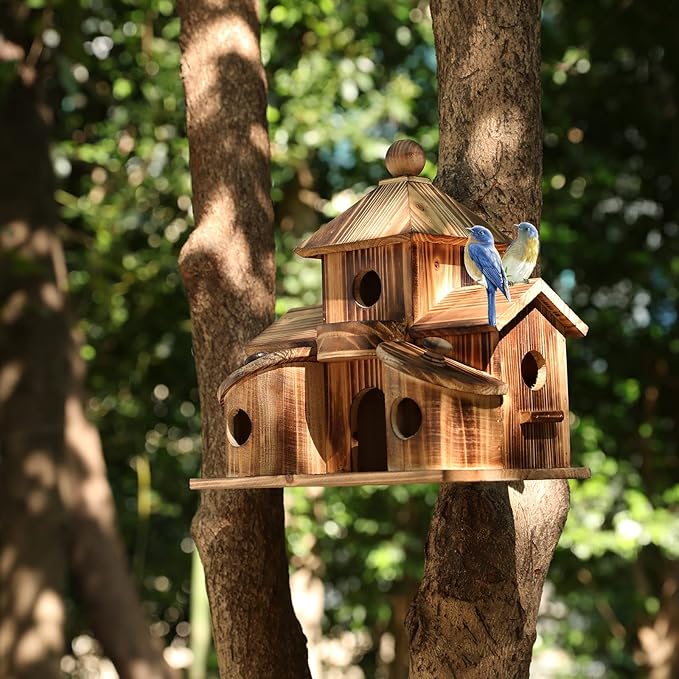 2in1 Bird House&Bird Feeder.Bird House for Outside,Hummingbird House with 6 Hole,Bluebird Finch Cardinals Hanging Big Birdhouse,Nesting Box Birdhouse for Backyard/Patio Decor.