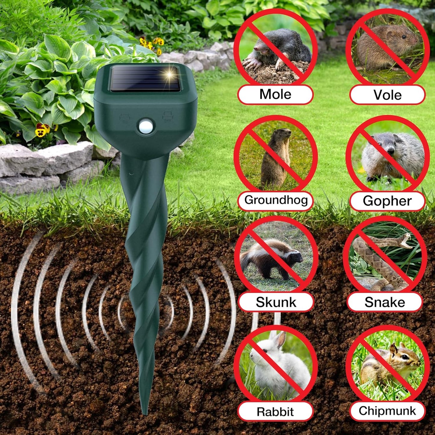 Mole Repellent Solar Powered, 4 Pack Snake & Skunk Repellent for Yard, IP 65 Waterproof Ultrasonic Deterrent Stakes, Get Rid for Rabbit, Gopher, Vole, Chipmunk, Deer, Groundhog for Lawns Garden