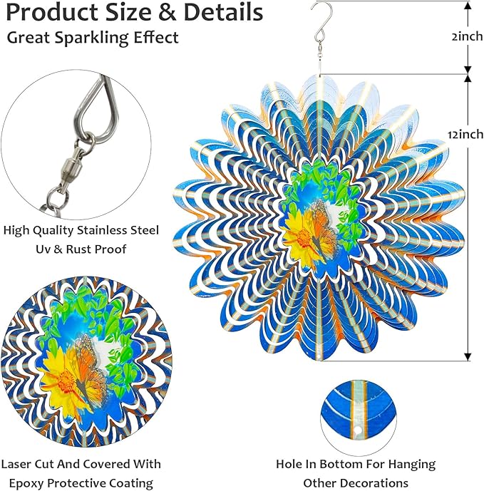 Animated Butterfly Wind Spinner | Stainless Steel Kinetic Wind Spinners 3D Hanging Sculpture, Outdoor Garden Decoration, Gift for Women/Mom/Wife/Grandma &Holiday