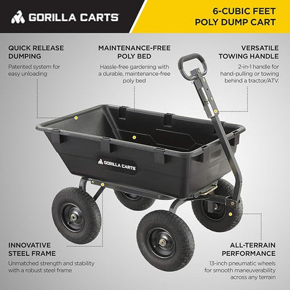 Gorilla Carts Heavy-Duty Poly Yard Dump Cart, 6 Cu Ft Tub, 1200 lb Haul Capacity, Black – Towable Utility Wagon with Quick-Release Dumping & Pneumatic Tires for Landscaping and Gardening