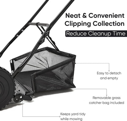 16" Push Reel Lawn Mower with Grass Catcher – Manual 5-Blade Hand Mower, Adjustable 3-Position Cutting Height (0.5"–1.75"), Lightweight & Eco-Friendly – 1-Year Warranty