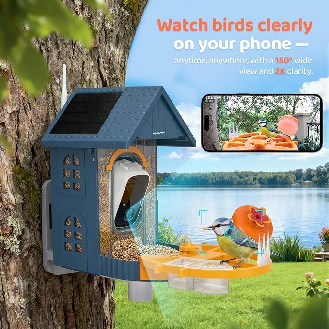 Smart Bird Feeder with Camera Outdoor Birdhouse:AI Identifies 11000+ Species, Features 2K 3MP HD Quality and Arrived Alerts Function,Powered by Dual Solar Panels,Gifts for Bird Lovers, Mom Dad