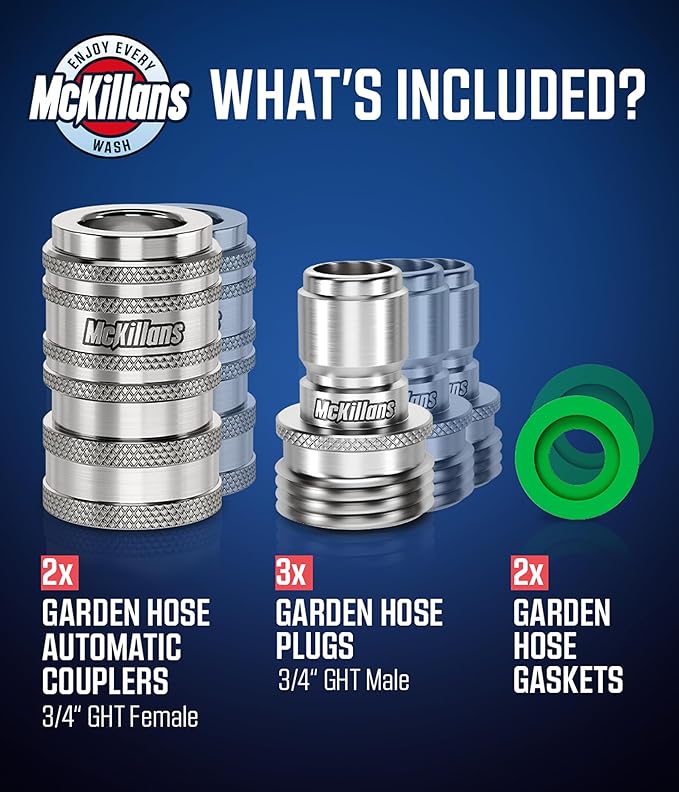 McKillans® 2025 Automatic Garden Hose Quick Connect [Universal FIT] - Stainless Steel Quick Connect Hose Fittings - Water Hose Connectors - Quick Disconnect Adapter - Instant Connection - 5 Pc Kit