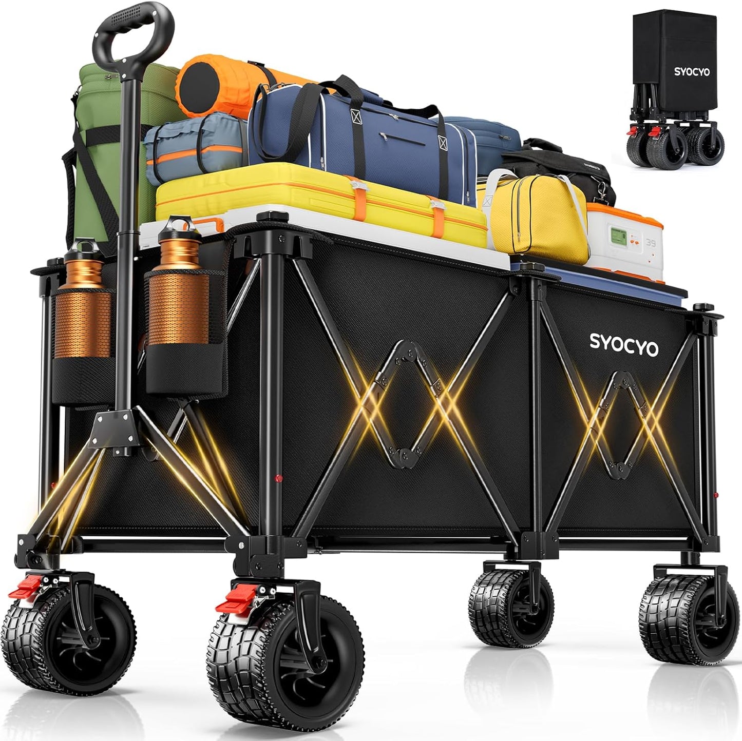 Collapsible Wagon Carts 570LBS Weight Capacity Foldable Beach Wagon with Big All-Terrain Wheels 330L Heavy Duty Utility Carts with Cup Holders for Camping, Garden, Sports, Grocery Black