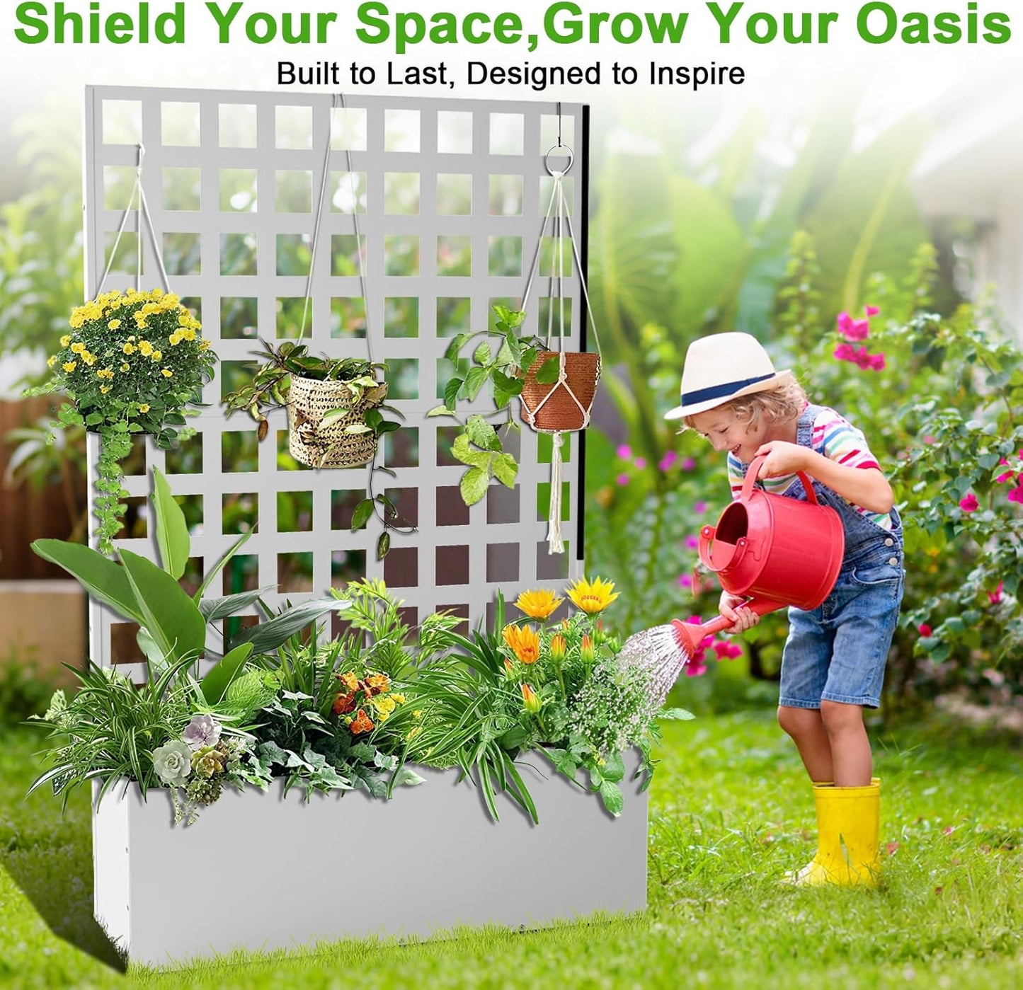 GarveeLife Metal Planter Box with Trellis, 71 in x47 in x12 in Raised Garden Bed with Trellis, Outdoor Garden Box with Privacy Screen & Drainage Holes for Climbing Plants Flower Vegetable, White