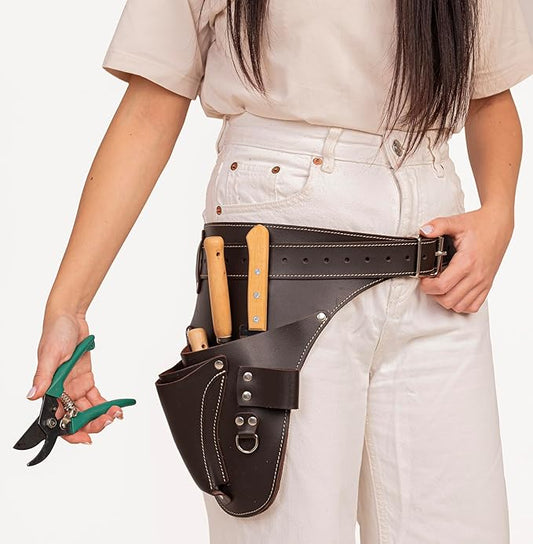 Garden Florist Tool Belt for Men | Leather Tool Belt for Women | Handmade Belt for Gardener, Electrician, and Carpenter | Leather Florist Belt (Brown CrazyHorse) (Dark brown Full grain, one size)