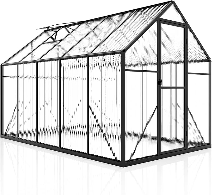 Jocisland 6x10x6.3 FT Polycarbonate Greenhouse for Outdoors with 2 Windows, Dual Swing Doors, Aluminum Walk-in Frame, Heavy Duty Garden Greenhouse for Backyard, Black