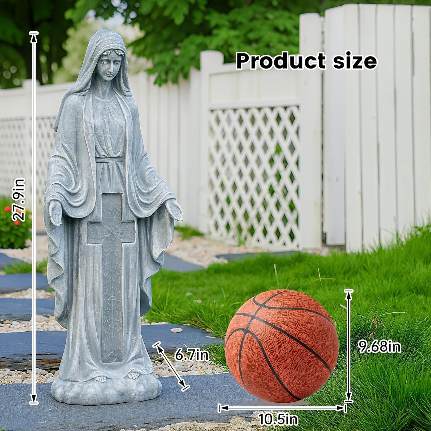 Solar Virgin Mary Praying Statue 27.9 Inch- Outdoor Religious Garden Decor with LED Lights, Weather-Resistant Magnesium Oxide Sculpture for Yard, Patio, Entryway （Gray Solar Virgin Mary）