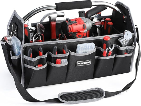 18 Inch Tool Bag, Electrician Tool Bag, Open Top Tool Bags, 26 Pockets Can Hold Many Tools, Steel Handle and Removable Shoulder Strap