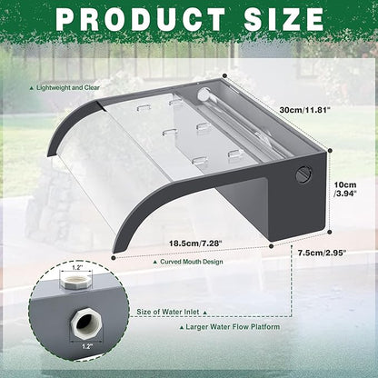 Waterfall Pool Fountain, LONGRUN Acrylic Waterfall Spillway for Pools and Ponds - 11.8" Wide Decorative Water Feature for Swimming Pools, Koi Ponds, and Garden