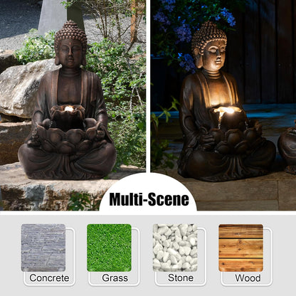 Glitzhome Buddha Fountain with Pump & LED Light, 2 Tier Zen Style Meditating Buddha Water Fountain Outdoor Fountains and Waterfalls Floor Fountains Buddhas Statues for Garden Patio Backyard 23" H