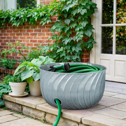 Monarch Abode Decorative Garden Hose Holder with Lid, Patina Storage for Outdoor Use, 100 ft Water Hose Pot for Outside, Wave Embossed Metal Pot with Drainage, Garden Storage Organizer