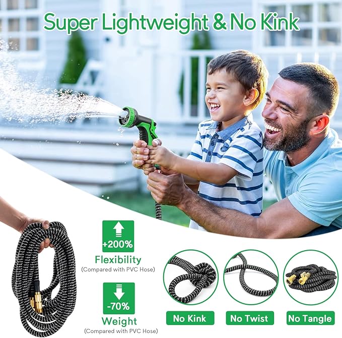 100 ft Expandable Garden Hose, 2025 New Ultra Lightweight Kink Free Flexible Water Hose 100ft, 10 Pattern Spray Nozzle, Leak-Proof Solid Brass Fittings, High-Density Outer Fabric & Durable Latex Core