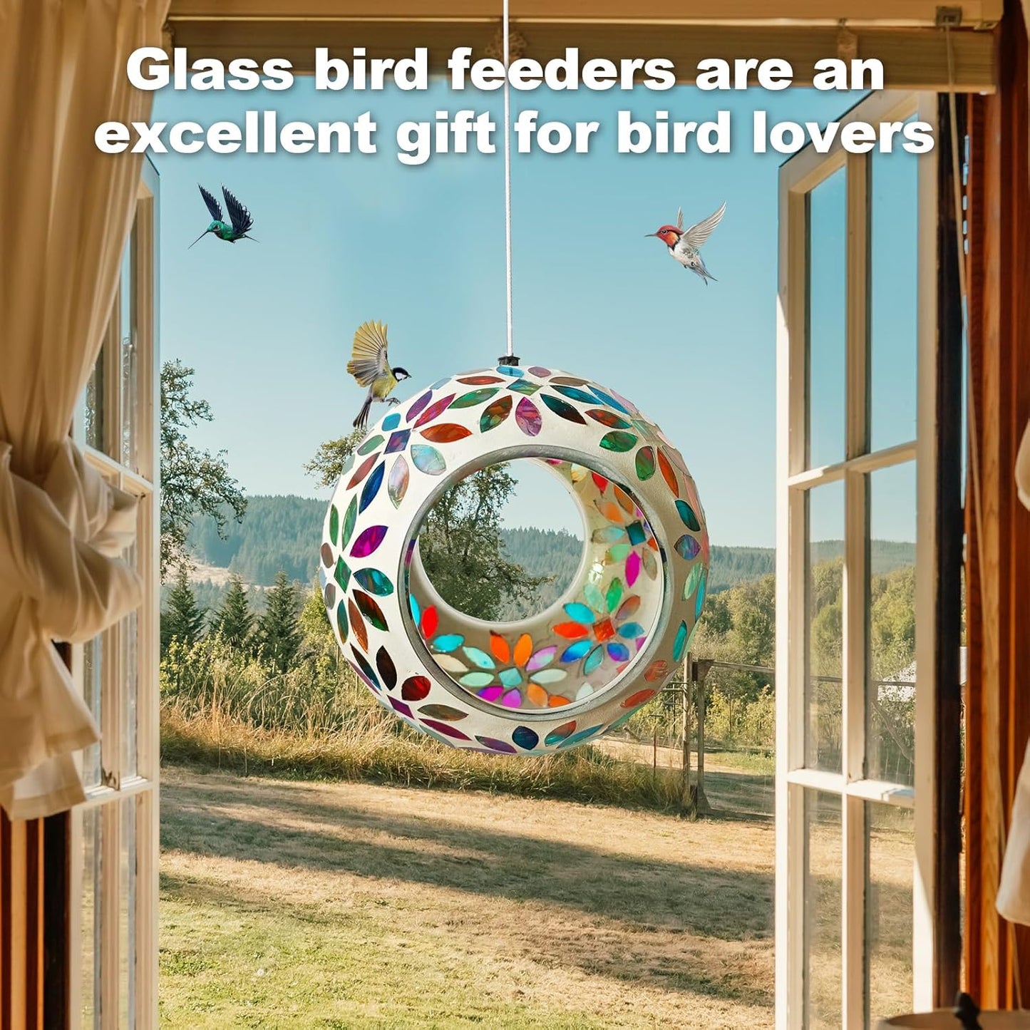 Mosaic Bird Feeder, Outside Hanging with Round Shape Glass BirdFeeders to Attract More Wild Birds, Mosaic Fly Through for Garden, Yard, Backyard, Deck and Porch Decor, Multicolor 7-Inch