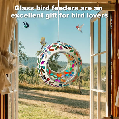 Mosaic Bird Feeder, Outside Hanging with Round Shape Glass BirdFeeders to Attract More Wild Birds, Mosaic Fly Through for Garden, Yard, Backyard, Deck and Porch Decor, Multicolor 7-Inch