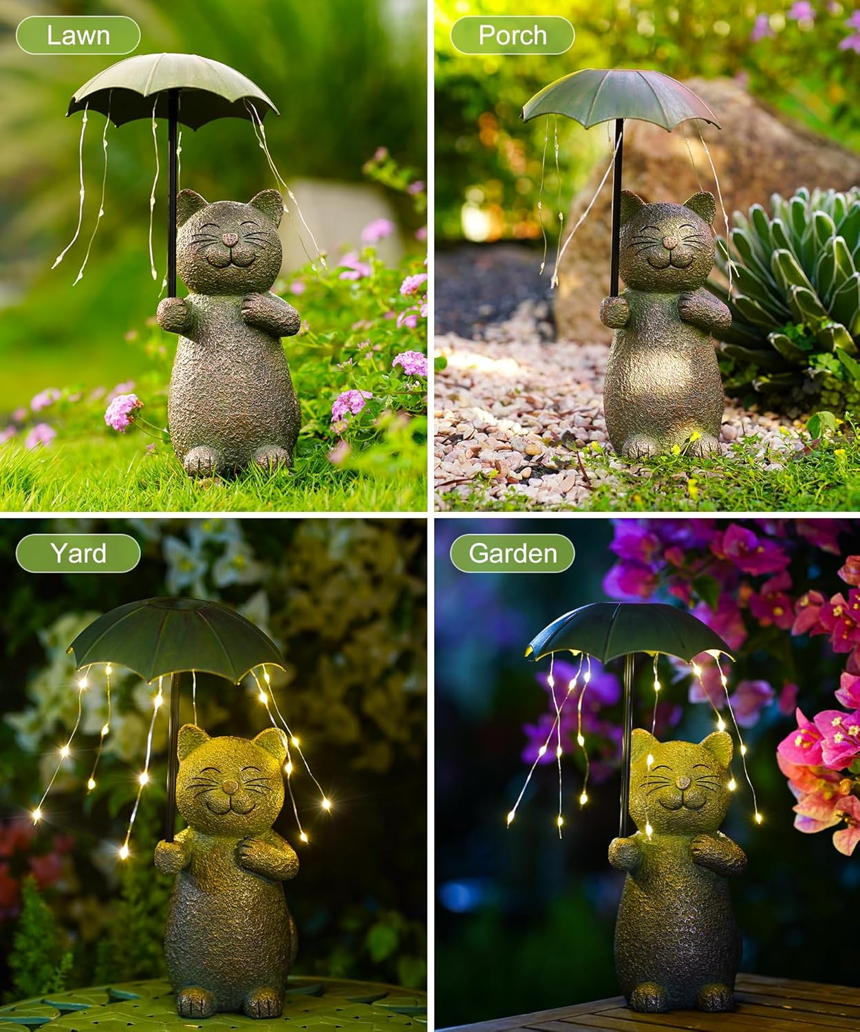 Nacome Solar Cat Garden Statues Outdoor Decor: Holding Umbrella with String Lights Patio Yard Lawn Outside Decorations - Birthday Gifts for Mom Grandma Women Sister(Copper)