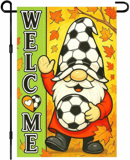 Thanksgiving Fall Garden Flag 12x18 Inch Welcome Gnome Flag Double Sided Outdoor Autumn Yard Banner Soccer Ball and Leaves for Porch Lawn Patio Seasonal Decor
