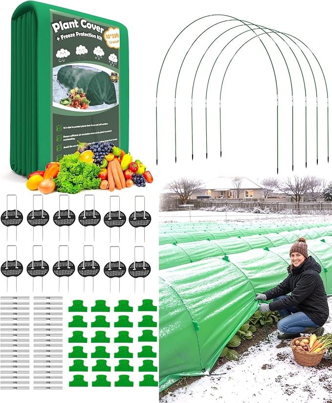 NEW Plant Covers Freeze Protection Kit,10x33FT 1.3 oz/yd² Frost Blanket,36 Hoop,12 Peg,Reusable Garden Bed Covers for Winter,Greenhouse Tunnel,Snow & Pest Protection for Outdoor Plant & Raised Bed