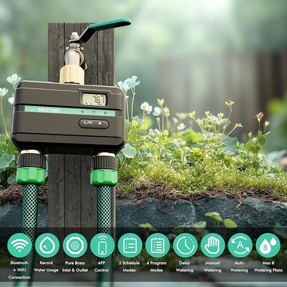 RESTMO Smart Sprinkler Timer with Flow Meter, 2 Zone Water Timer for Garden Hose, Brass Inlet & Outlet, Automatic Lawn & Yard Irrigation Watering System, APP Remote Control (2.4Ghz WiFi Connection)