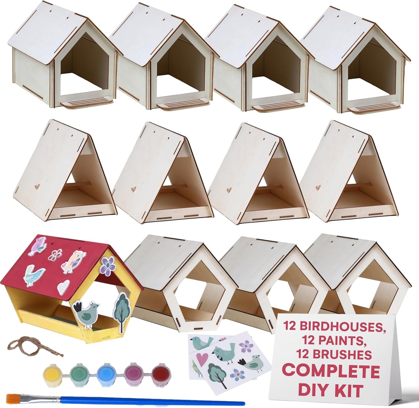 Neliblu Bird Houses to Paint for Kids - Wooden - 12 Pc, Plywood, Durable Material, Educational Fun, Complete Set, Child-Safe, Bulk Crafts - Paint a Bird House Kit for Kids