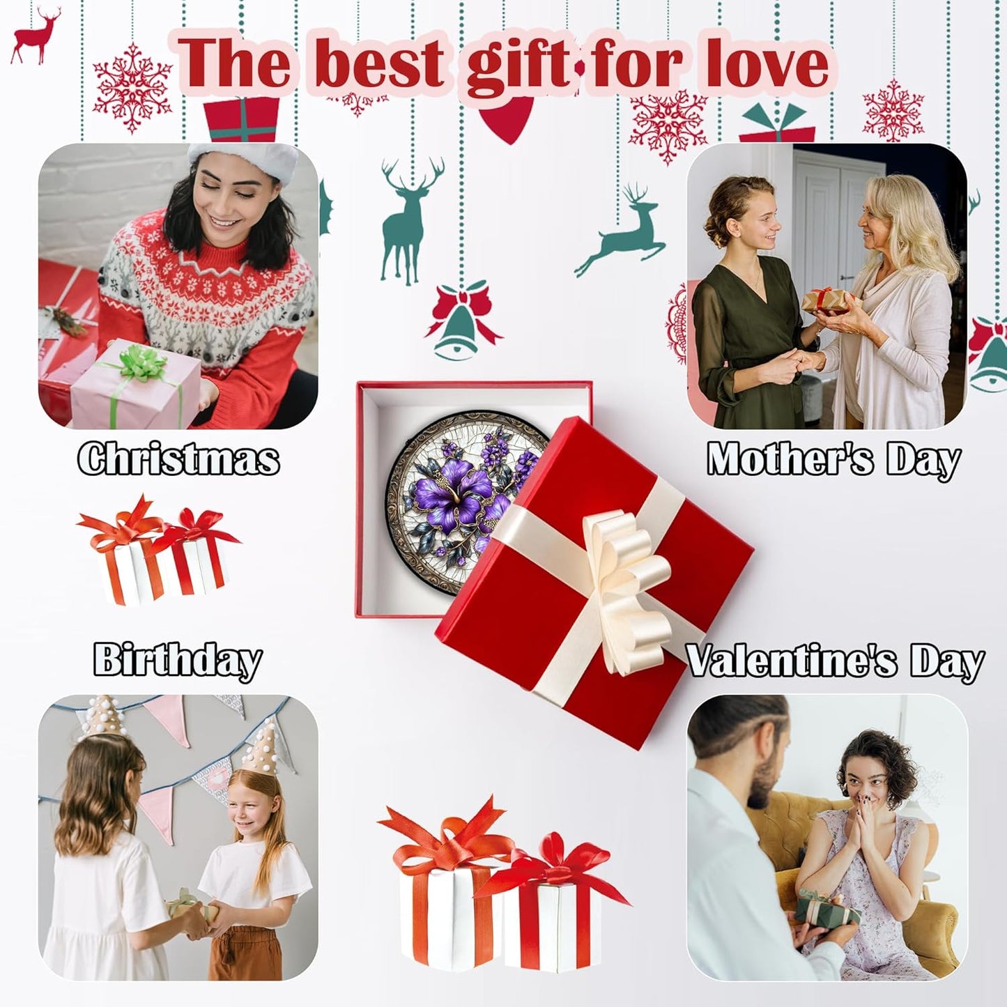 Stained Glass Window Hanging, Purple Flowers Romantic Suncatcher for Doors Home Sun Catchers Decoration and Christmas, Mother's Day Birthday Gifts for Women, Men, and Mom 14.9x14.9 in