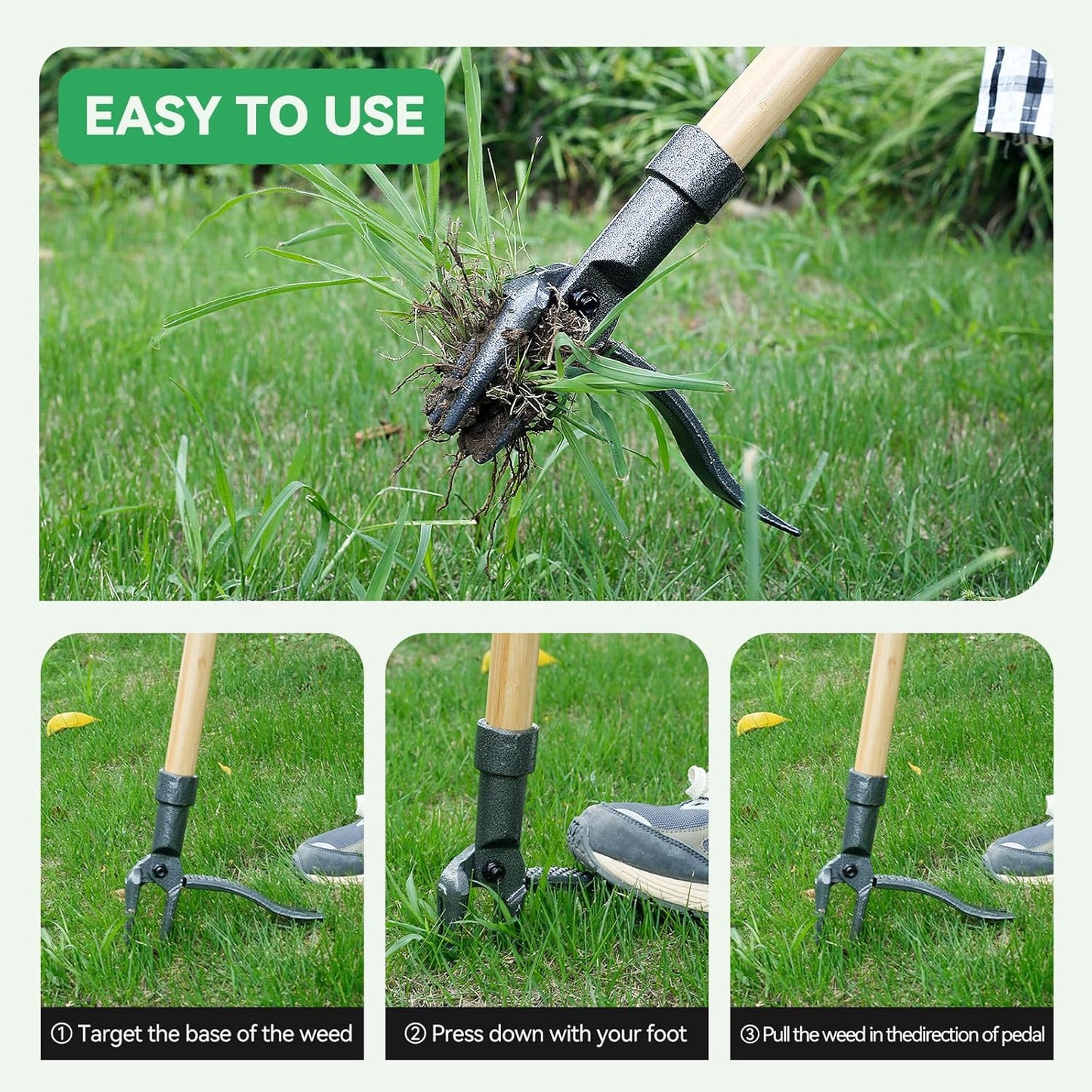 Weed Puller Stand-Up Weed Puller Tool with Long Handle & 4-Claw Steel Head Manual Weed Remover Tool for Lawn and Garden (Bamboo)