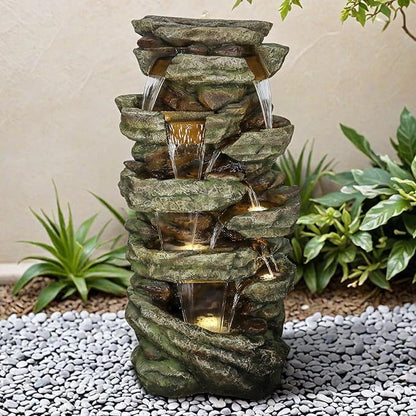SunJet 59" High Multi-Tiers Cascading Rock Outdoor Water Fountain with LED Lights - Large Outdoor Fountains and Waterfalls for Garden or Patio, Yard, and Deck Decor, Featuring Natural Stone Look