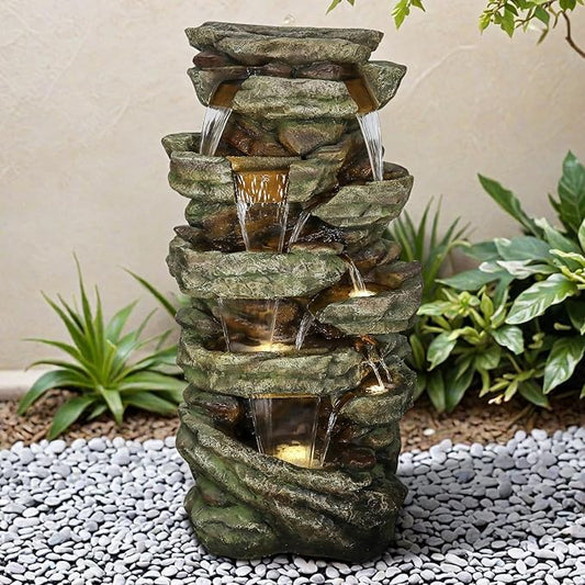 SunJet 59" High Multi-Tiers Cascading Rock Outdoor Water Fountain with LED Lights - Large Outdoor Fountains and Waterfalls for Garden or Patio, Yard, and Deck Decor, Featuring Natural Stone Look