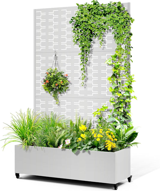 Metal Raised Garden Bed with Trellis, 2-in-1 Planter Box & Privacy Screen for Climbing Plants, Outdoor Standing Flower Bed with Drainage Holes, 47.2" L x 16.7" W x 70.8" H, White-Brick