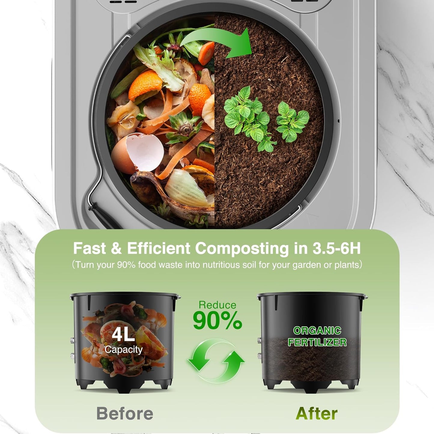 4L(Max) Electric Composter for Kitchen, Smart Countertop Compost Bin with Low Noise, Odorless, Auto Self-Cleaning, LED Display, Turns Food Waste to Fertilizer for Home