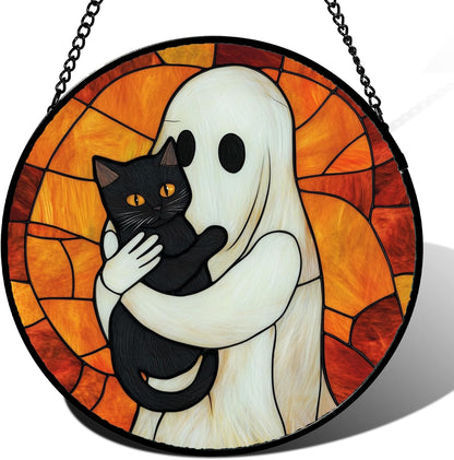 Stained Glass Window Hanging - Halloween Decorations White Ghost Black Cat Suncatcher for Doors Garden Spooky Funny Orange Sun Catchers Gothic Decor Horror Gifts for Women Men Friend 11.8 in