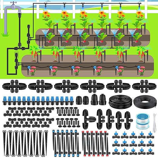 Pawfly 250 ft Drip Irrigation System, Quick-Connect Drip Irrigation Kit with 50ft 1/2" & 200ft 1/4" Tubing and Accessories, Garden Watering System for Greenhouse,Yards,Lawn,Raised Bed